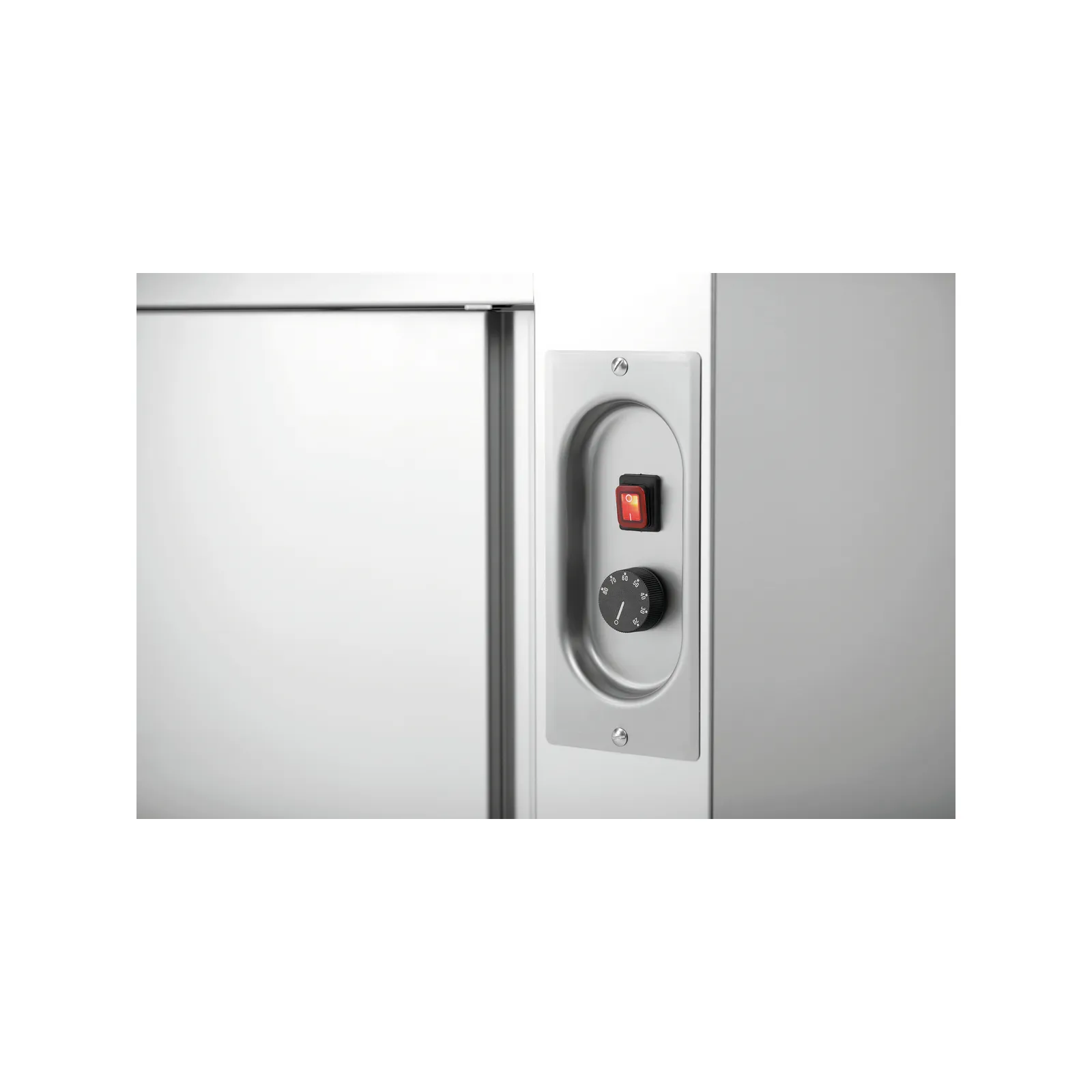 Bartscher 346167 Wärmeschrank 700-4T 1600 Nahansicht Bedienelemente, Sicherheitsbox, Elektronischer Schalter, Drehknopf, Metallgehäuse, Schranktür-Panzerung