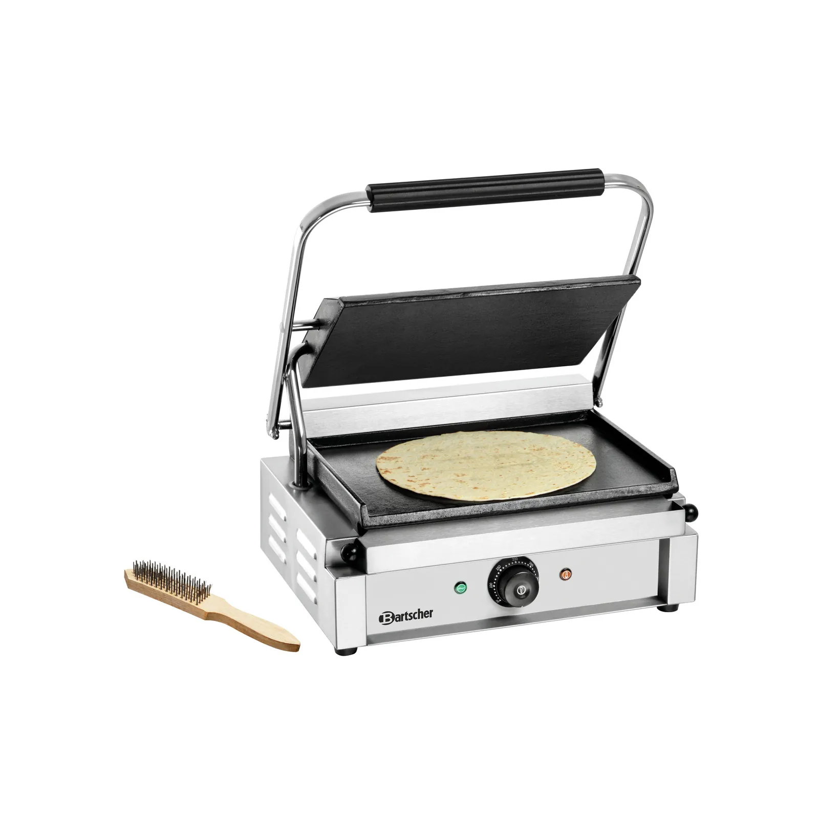 Bartscher A150679 Kontaktgrill Panini MDI Glatt Ansicht Komplett mit Wrap und Bürste