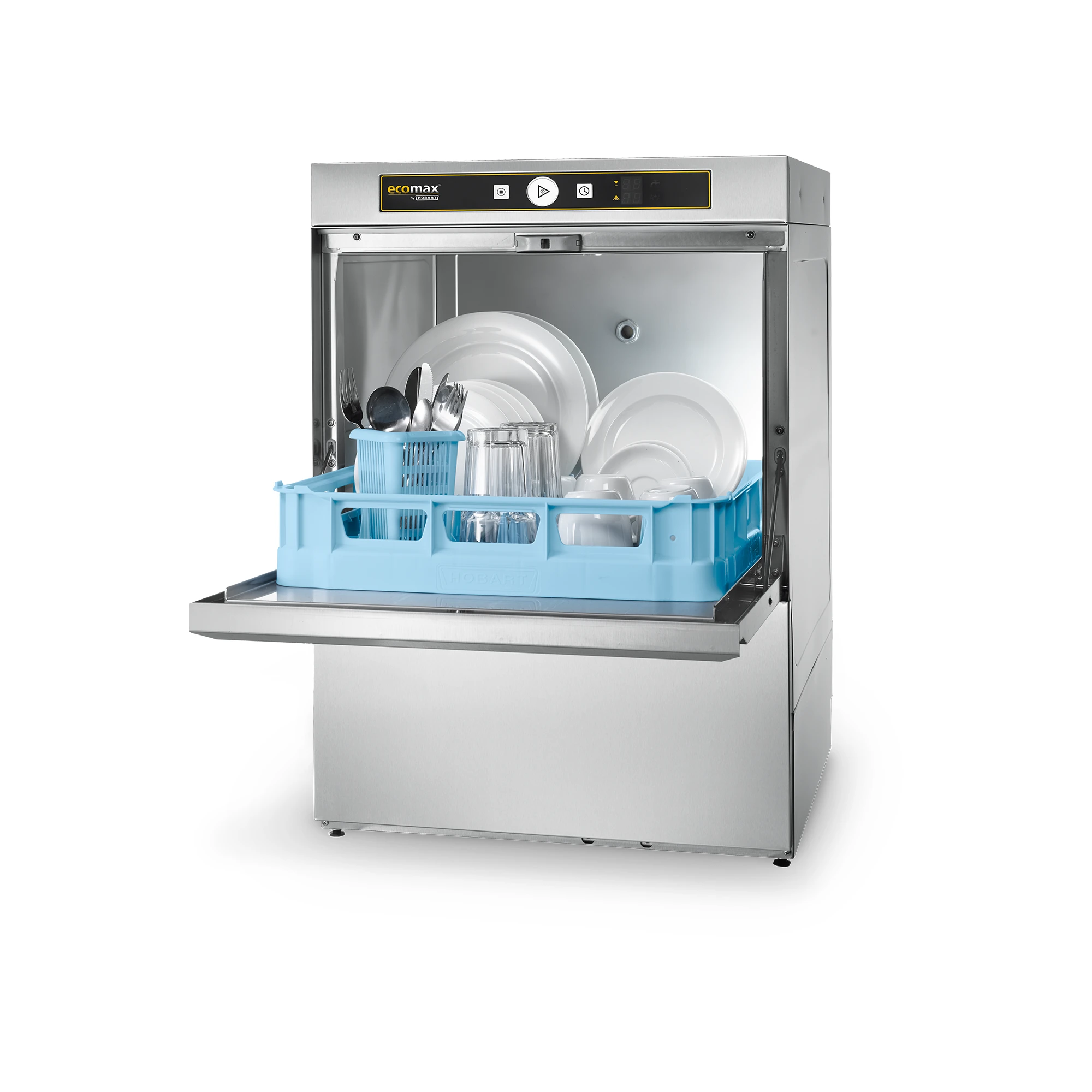 Ecomax F504 Geschirrspuelmaschine mit Tellern und Besteck