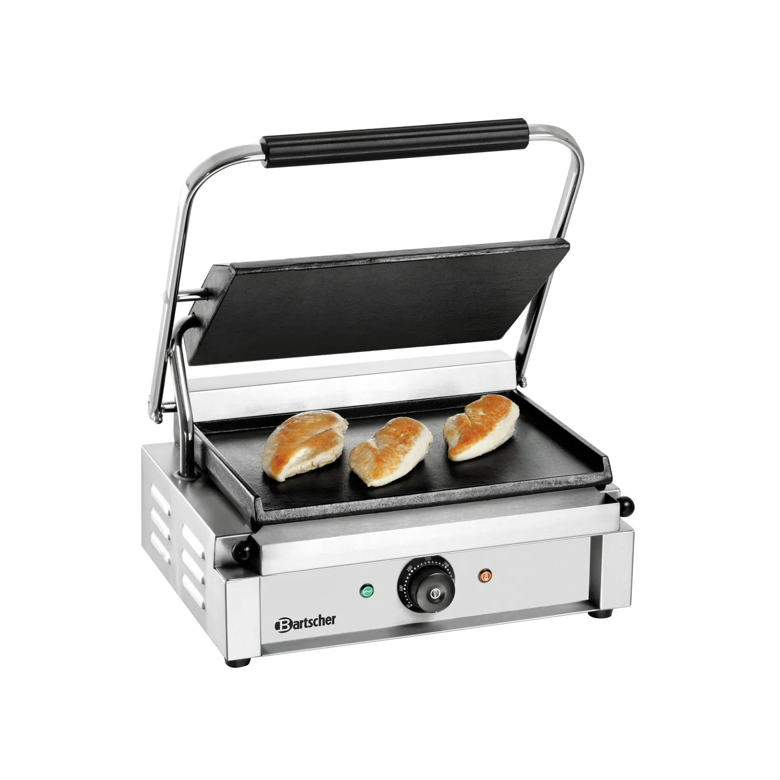 Bartscher A150679 Kontaktgrill Panini MDI Glatt Ansicht Komplett mit Hühnchen