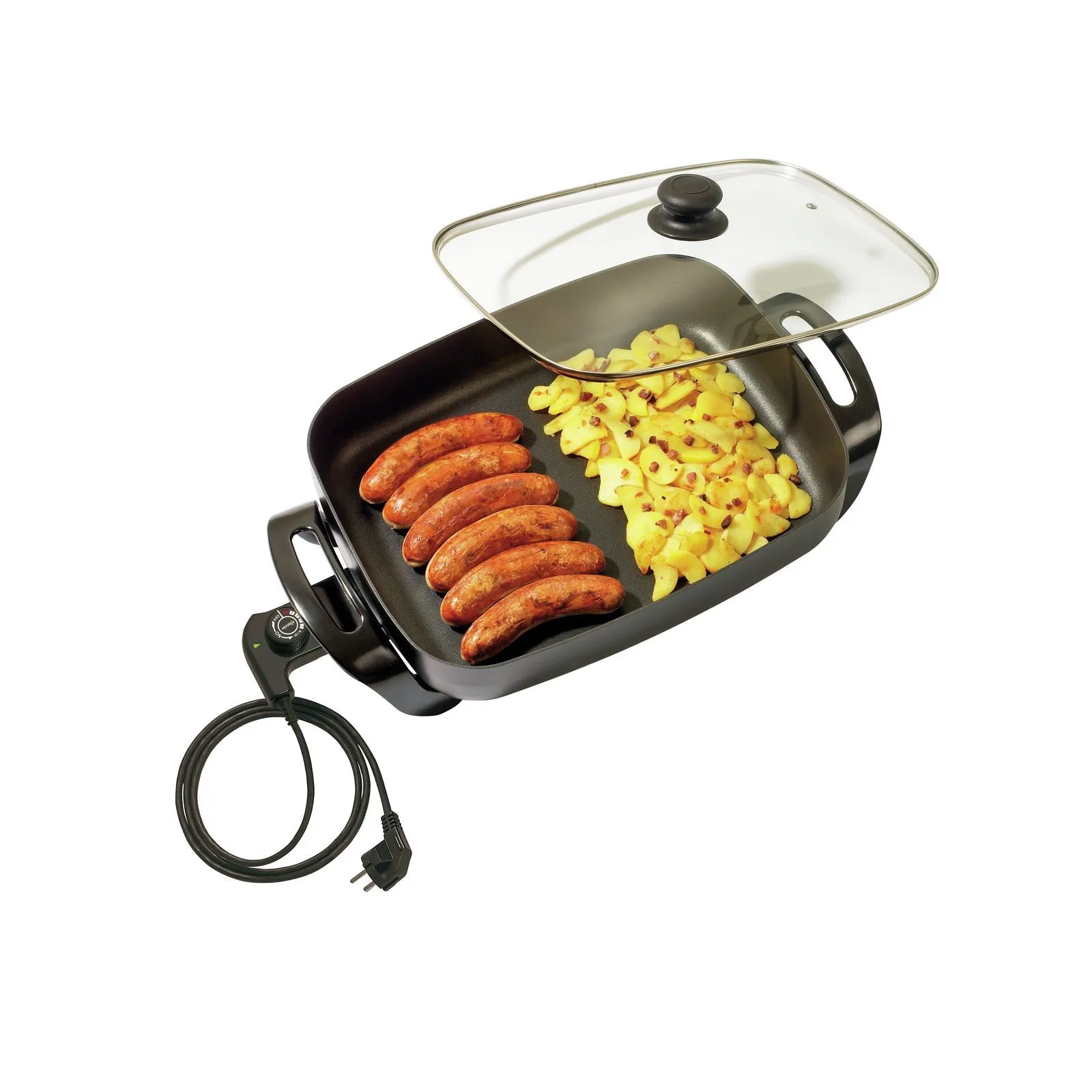 Bartscher 150340 Multipfanne 40x30 Ansicht Komplett, offener Deckel, mit Essen, Elektro-Grill, Pfanne, Platzkocher, Würstchen, Pommes