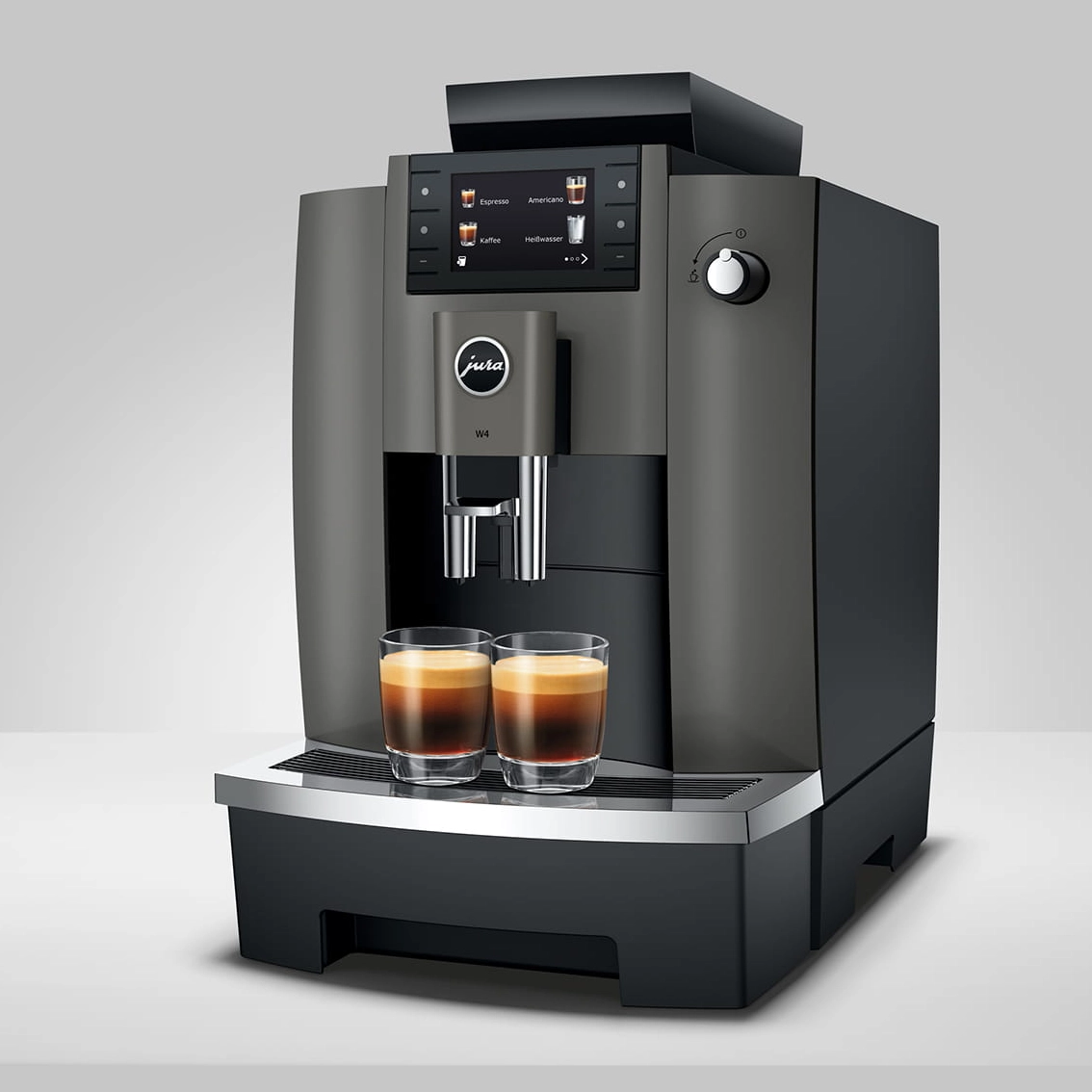 Jura 15542 Kaffeevollautomat W4 seitliche Ansicht 2 mit zwei Spezialitaeten