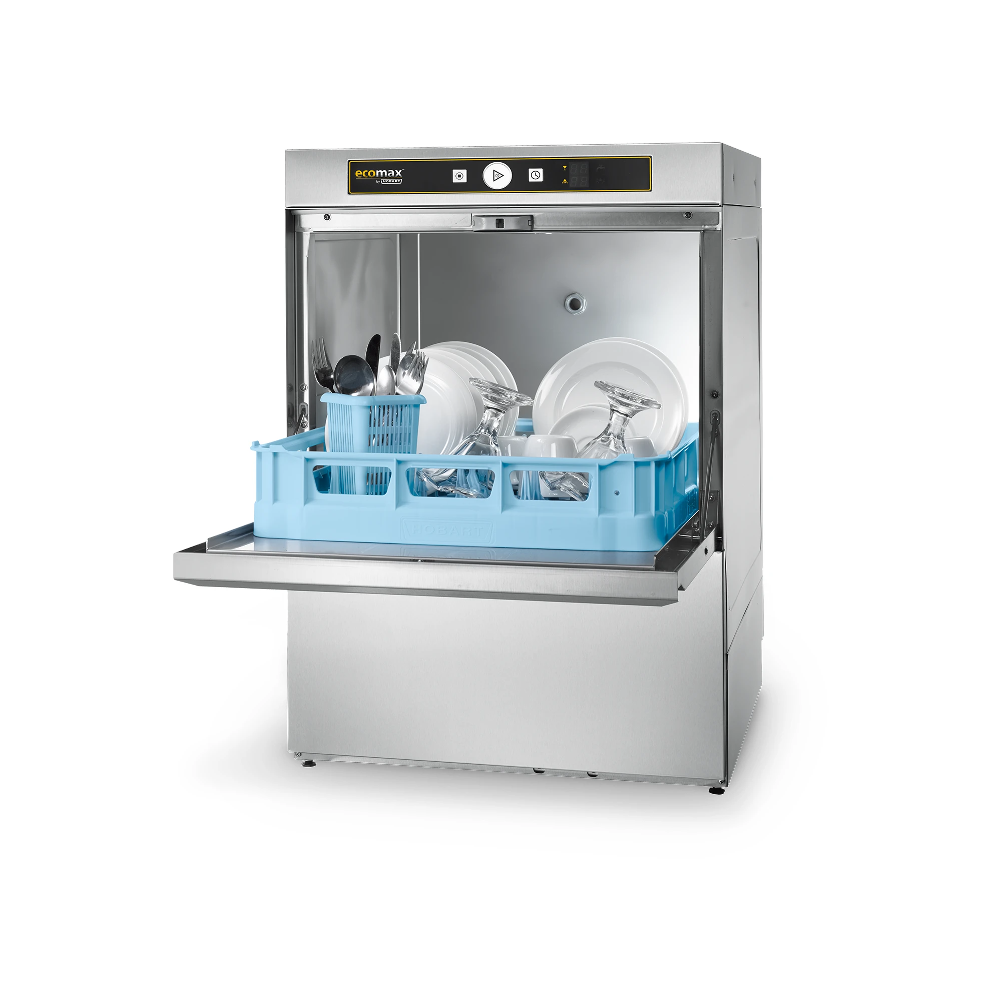 Ecomax F504 Geschirrspuelmaschine mit Tellern, Glaesern und Besteck im Korb