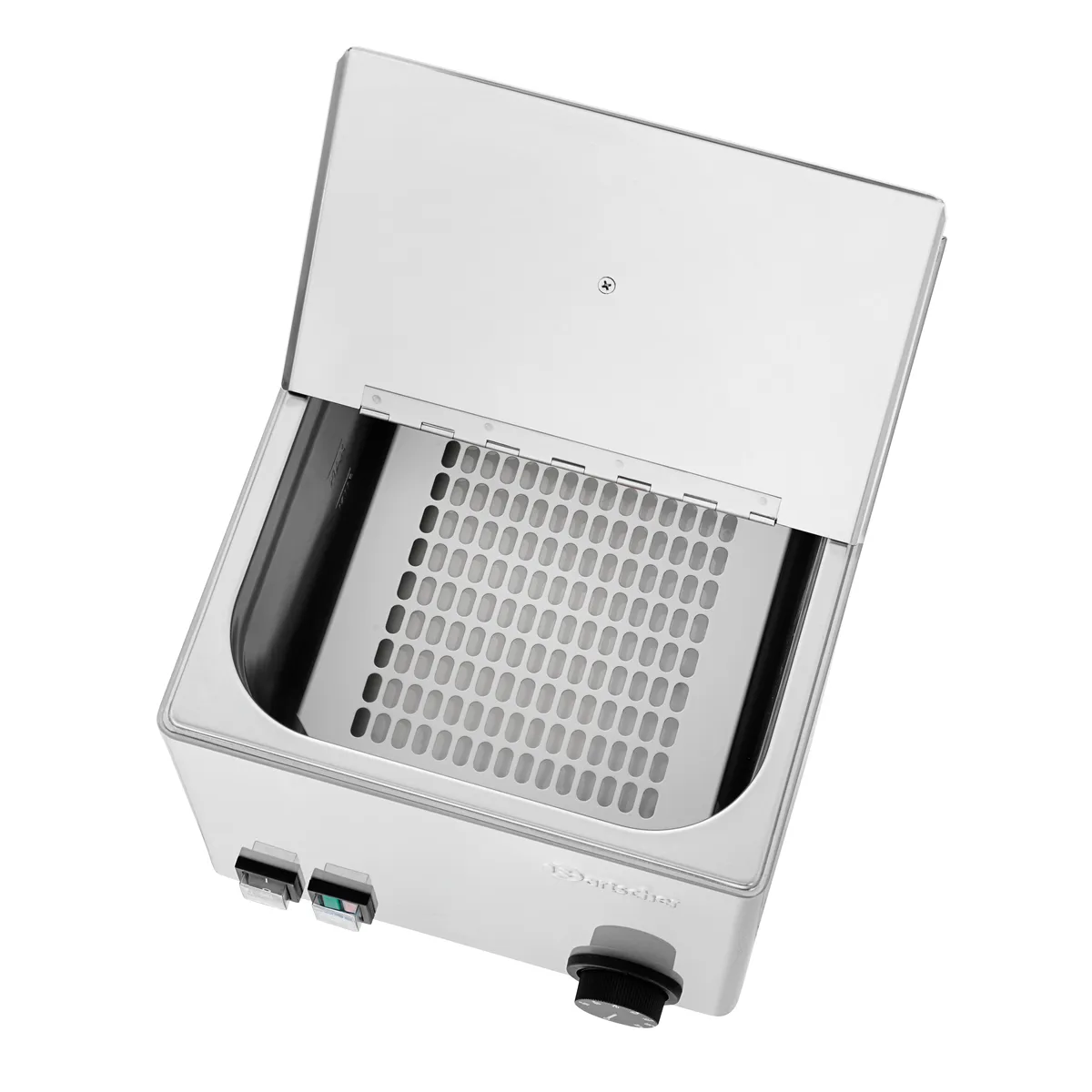 Bartscher A120465 Wuerstchenwaermer Blick in das Gerät mit geöffnetem Deckel